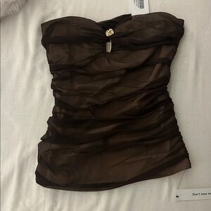 Reformation Strapless Brown Ruched Chiffon Top with Gold Accent